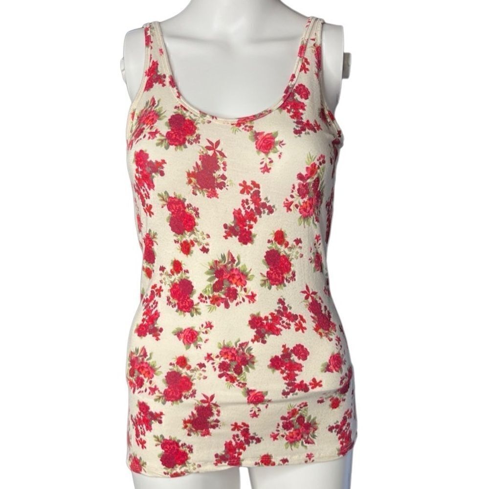 Full Tilt Floral Soft Casual Tank Top Cream & Red Size Medium